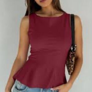 Icone Simons Burgundy Sleeveless Peplum Top Career Workwear Office Quiet Luxury